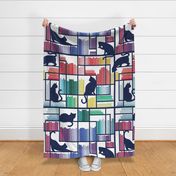  Large jumbo scale // Rainbow bookshelf // white background navy blue book shelves and library cats