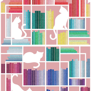  Large jumbo scale // Rainbow bookshelf // blush pink background white book shelves and library cats