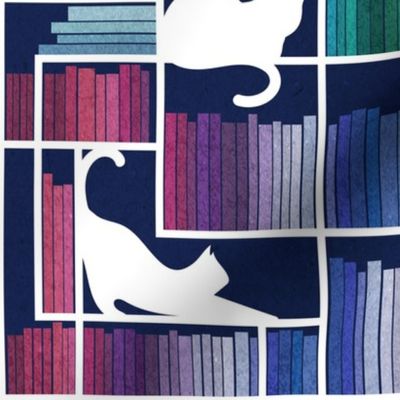 Normal scale // Rainbow bookshelf // navy blue background white book shelves and library cats
