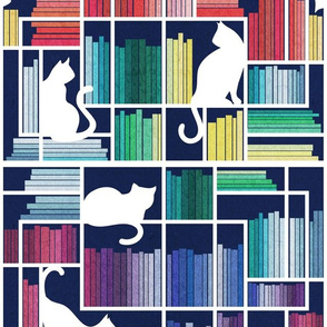 Normal scale // Rainbow bookshelf // navy blue background white book shelves and library cats