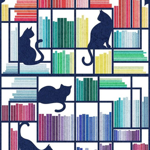 Normal scale // Rainbow bookshelf // white background navy blue book shelves and library cats