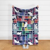 Large jumbo scale // Rainbow bookshelf // navy blue background white book shelves and library cats