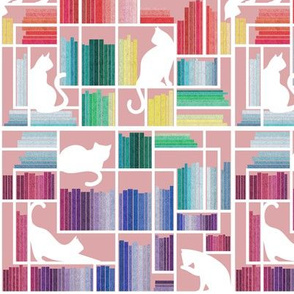 Small scale // Rainbow bookshelf // blush pink background white book shelves and library cats