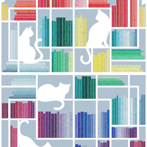 Large jumbo scale // Rainbow bookshelf // pastel blue background white book shelves and library cats