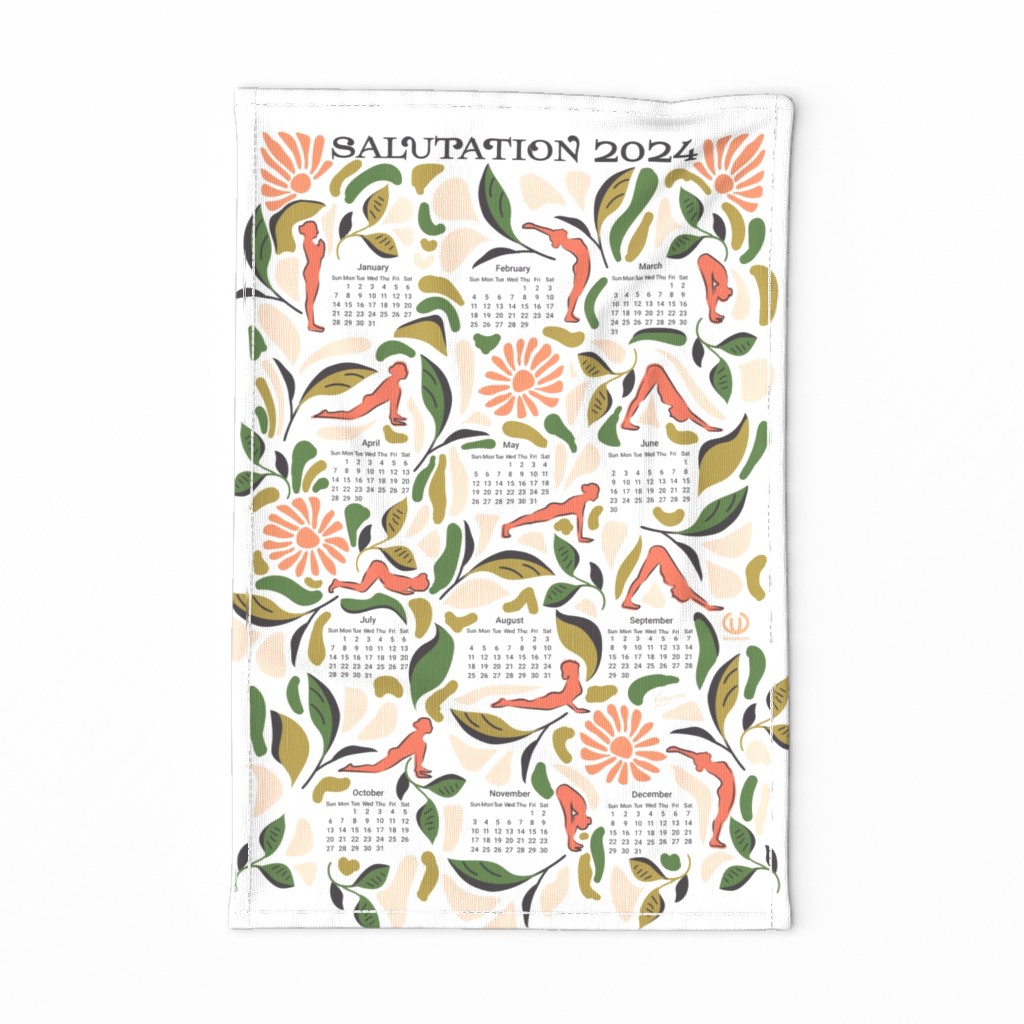 Happy New You- Salutation 2024- Surya Namaskar- Salute to Sun in a Garden- 12 Yoga Poses- Tea Towel Calendar