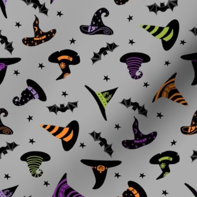 witches hat fabric - halloween fabric - grey multi