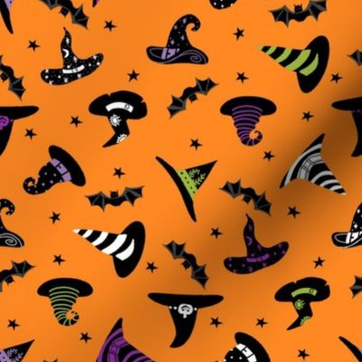 witches hat fabric - halloween fabric - orange multi