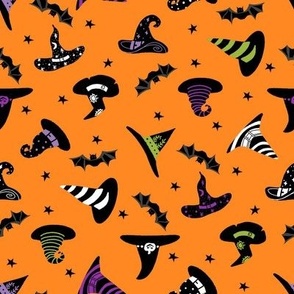 witches hat fabric - halloween fabric - orange multi