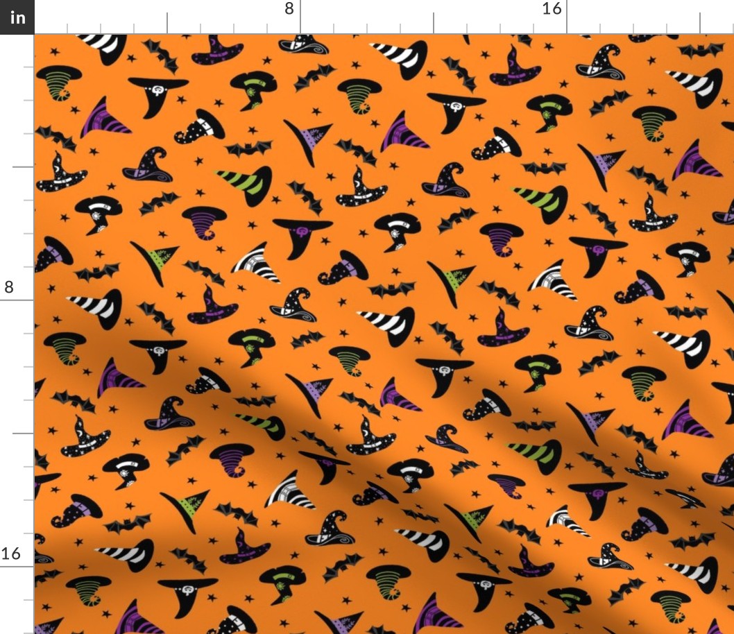 witches hat fabric - halloween fabric - orange multi