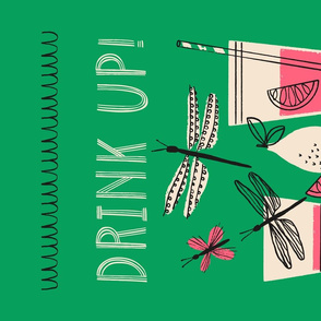 Drink Up Tea Towel ~ Pink on Green