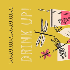 Drink Up Tea Towel ~ Pink on Yellow