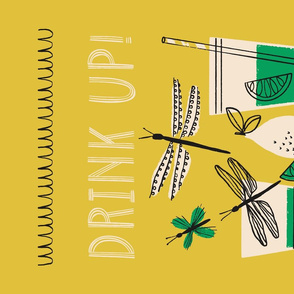 Drink Up Tea Towel ~ Green on Yellow