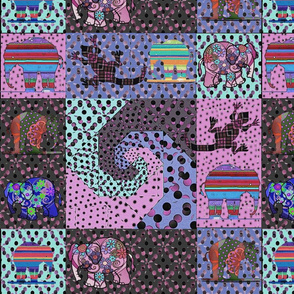 snails_trail_80ies_pink_and_violet_retro_colors_quilt_with_elephants_and_lizards