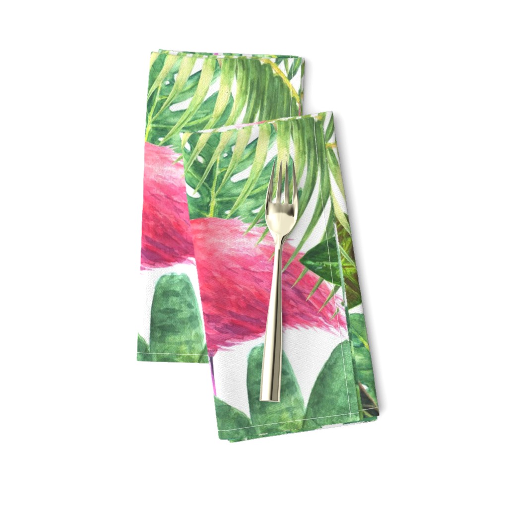 Watercolor pink flamingos and bright tropical exotic plants