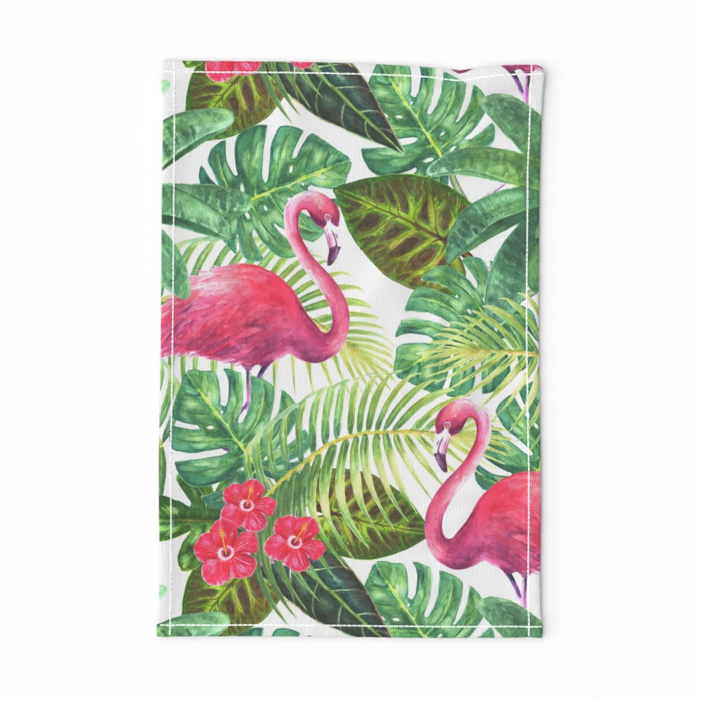 Watercolor pink flamingos and bright tropical exotic plants