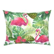 Watercolor pink flamingos and bright tropical exotic plants