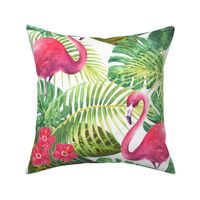 Watercolor pink flamingos and bright tropical exotic plants