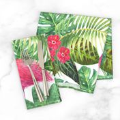 Watercolor pink flamingos and bright tropical exotic plants