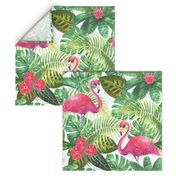 Watercolor pink flamingos and bright tropical exotic plants