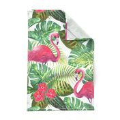 Watercolor pink flamingos and bright tropical exotic plants