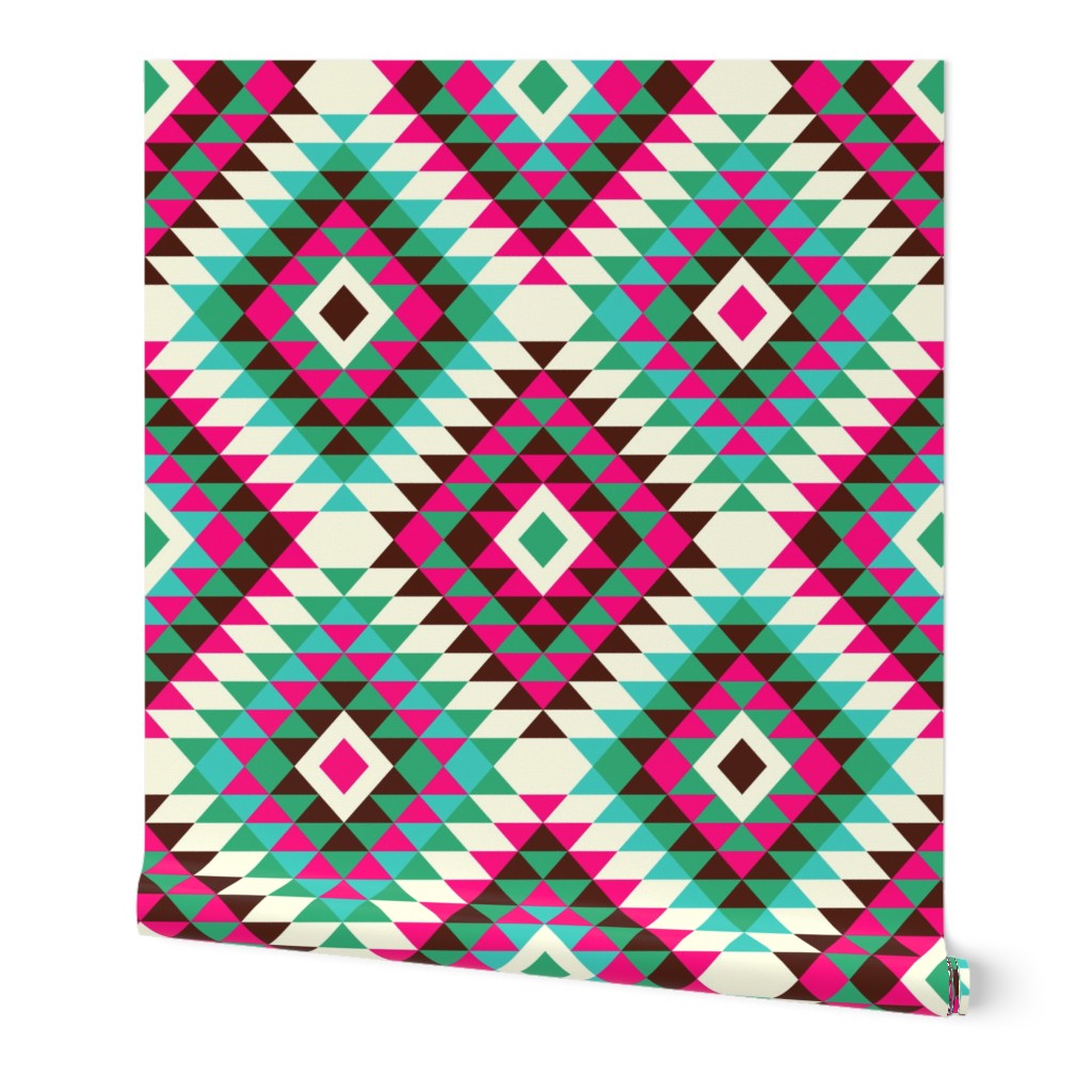 Boho kilim diamonds pink green Aztec