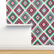 Boho kilim diamonds pink green Aztec