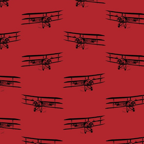 Antique Triplane Airplane Vintage Aviation Pattern in Black with Poppy Red Background (Large Scale)