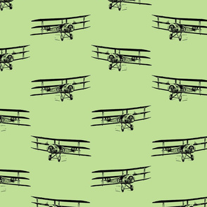 Antique Triplane Airplane Vintage Aviation Pattern in Black with Soft Green Background (Large Scale)