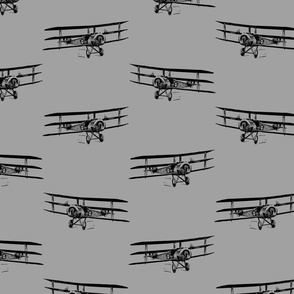 Antique Triplane Airplane Vintage Aviation Pattern in Black with Gray Background (Large Scale)