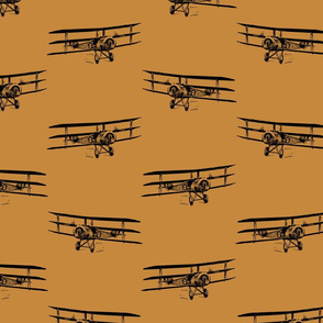 Antique Triplane Airplane Vintage Aviation Pattern in Black with Gold Background (Large Scale)