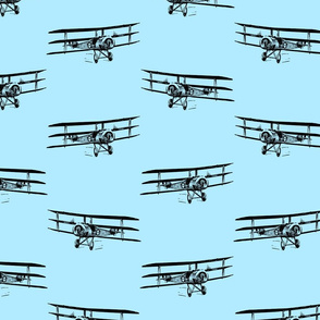 Antique Triplane Airplane Vintage Aviation Pattern in Black with Baby Blue Background (Large Scale)
