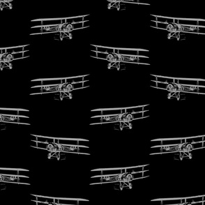 Antique Triplane Airplane Vintage Aviation Pattern in Gray with Black Background (Large Scale)