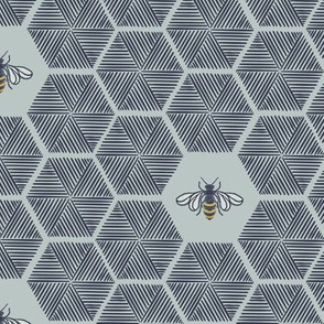 Stitched Bees & Honeycomb - Dark Blue - Large