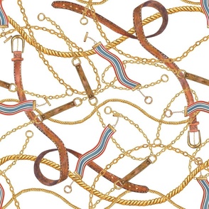 Golden chain and leather belts glamour watercolor seamless pattern 
