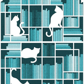 Normal scale // Rainbow bookshelf // monochromatic teal white book shelves and library cats