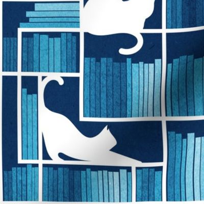 Normal scale // Rainbow bookshelf // monochromatic blue white book shelves and library cats