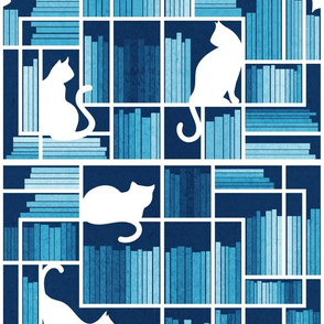 Normal scale // Rainbow bookshelf // monochromatic blue white book shelves and library cats