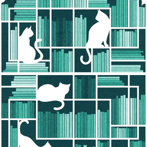 Normal scale // Rainbow bookshelf // monochromatic mint white book shelves and library cats