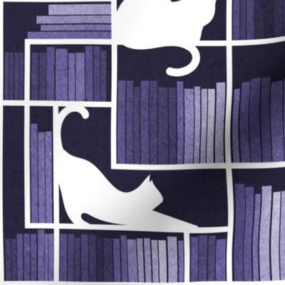 Normal scale // Rainbow bookshelf // monochromatic violet white book shelves and library cats