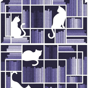 Normal scale // Rainbow bookshelf // monochromatic violet white book shelves and library cats