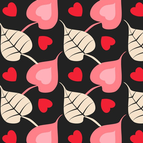 Hearts and Leaves Trellis- Valentine Lattice- Charcoal Salmon Pink Red Wheat- Large Scale
