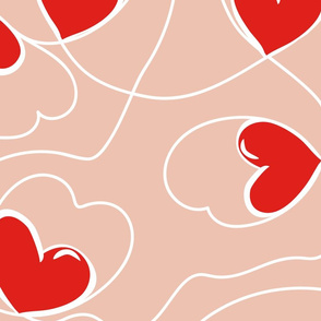 Street de Love-  Connected Hearts Line Art- Rose Quartz Red White- Large Scale