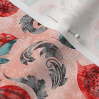 Fig Batik Damask- Red Teal Grey on Rose Quartz- Regular Scale