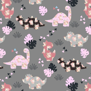 Dinosaur Pattern with Flowers on grey