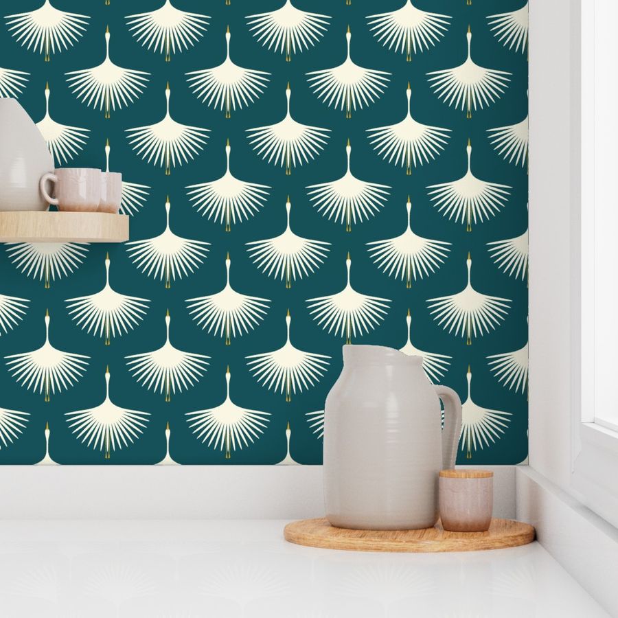 Art Deco Swans - Deep Teal - Bigger Spaces - 6" Repeat