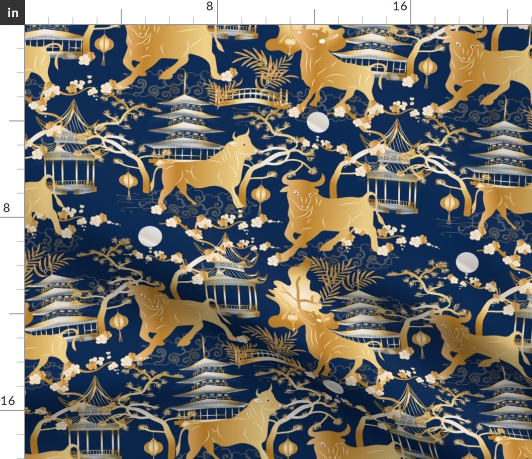 Year of the Metal Ox Toile Chinoiserie- Lunar New Year- Japanese Pagoda- Gold on Prussian Blue- Regular Scale