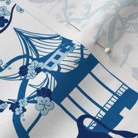 Year of the Metal Ox Toile Chinoiserie- Lunar New Year- Japanese Pagoda- Blue on White- Regular Scale