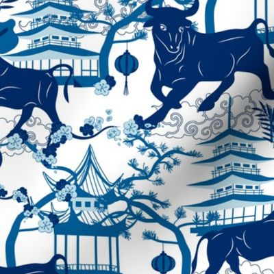 Year of the Metal Ox Toile Chinoiserie- Lunar New Year- Japanese Pagoda- Blue on White- Regular Scale