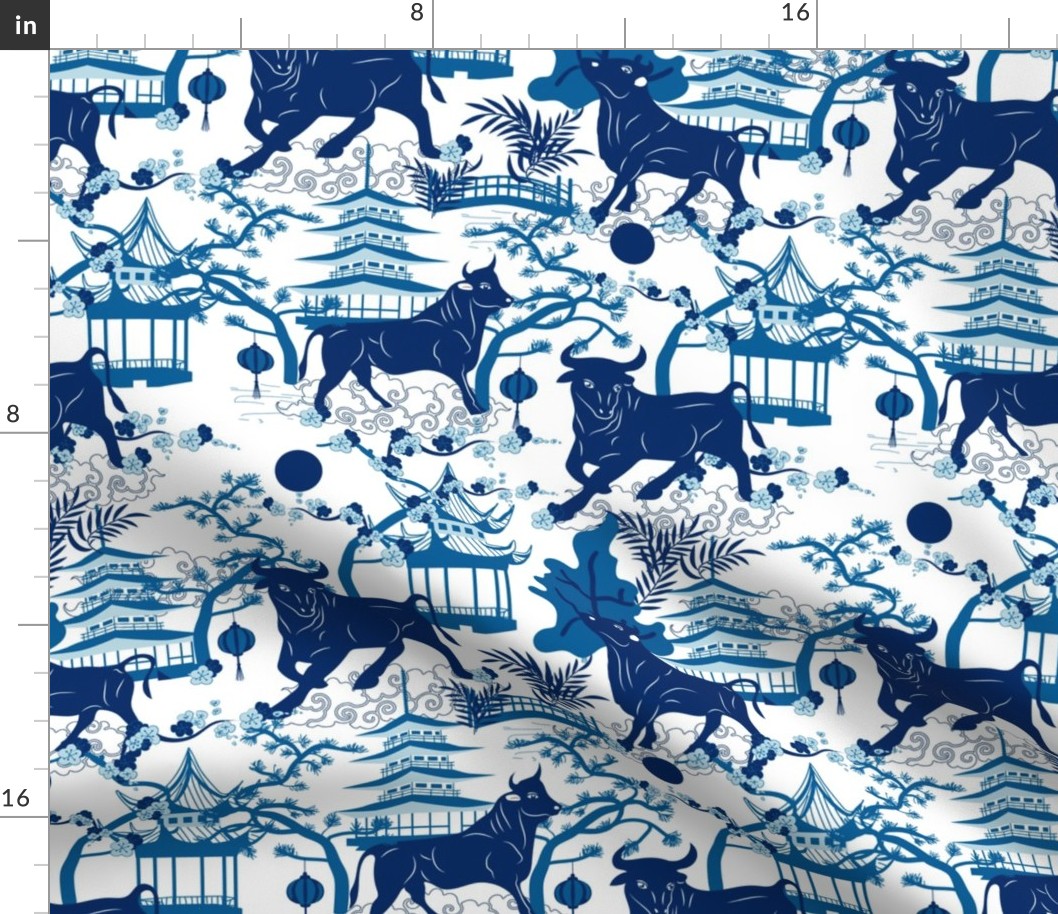 Year of the Metal Ox Toile Chinoiserie- Lunar New Year- Japanese Pagoda- Blue on White- Regular Scale