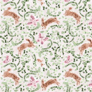 Vernal- Spring Batik Tie Die- Bunny in Flower Garden- Caramel Cinnamon Brown Desert Sand Artichoke Green Blush Puce Pink Wheat- Regular Scale